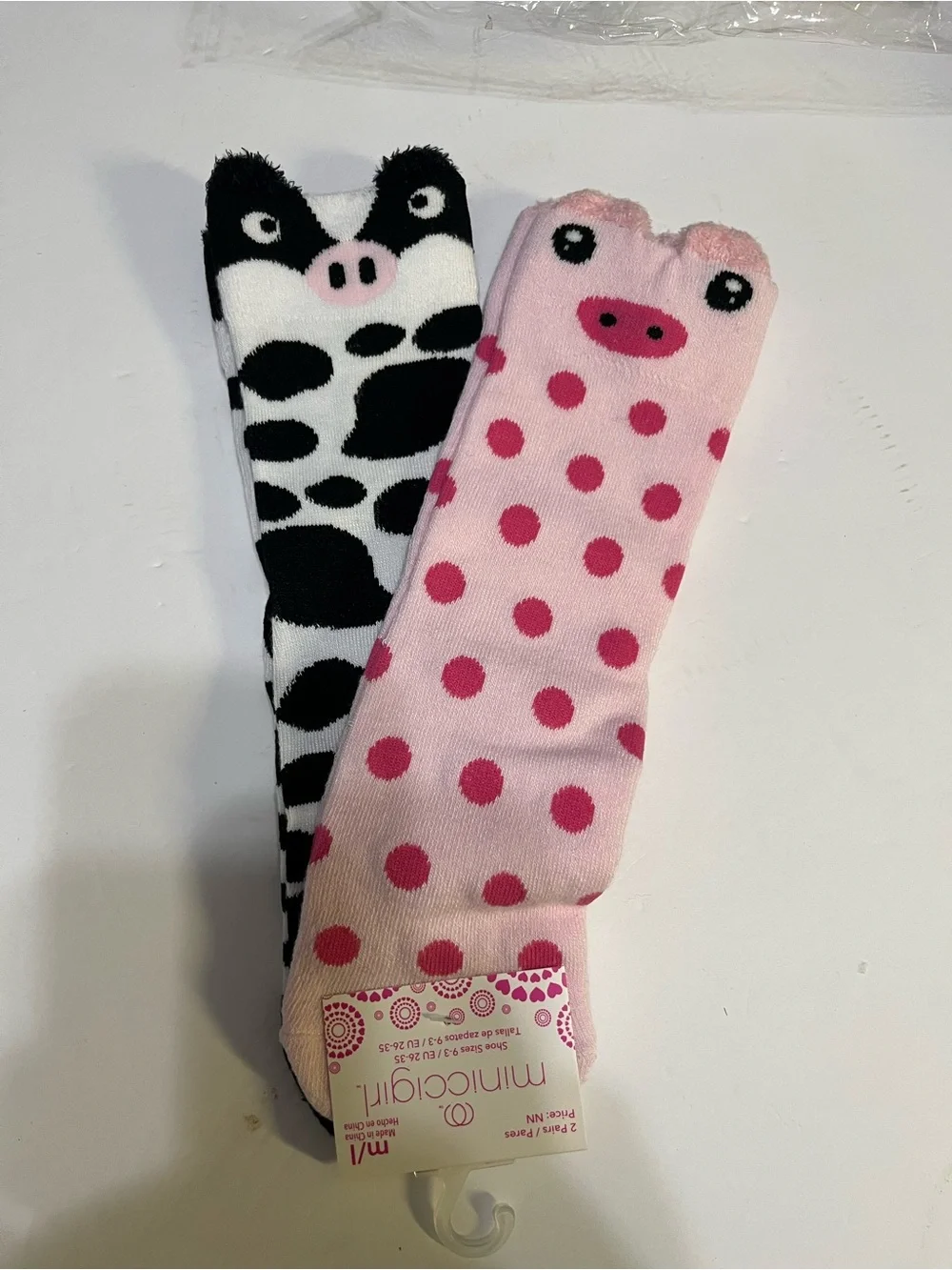 Minicci Kids Pink Polka Dot & Black Cow Face Crew Socks - 2 Pack